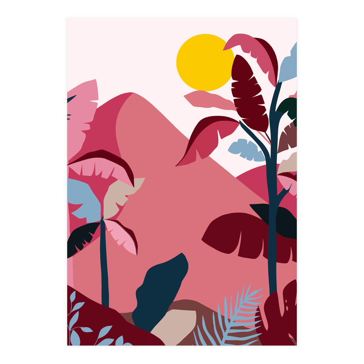 Tropical Sundowner, Pastel Jungle Botanical Nature, Summer Plants Palms Sunset, Mountain Landscape Travel Adventure (Print Only)