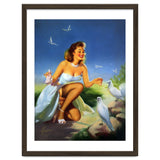 Beautiful Pinup Girl Feeding White Pigeons thumbnail