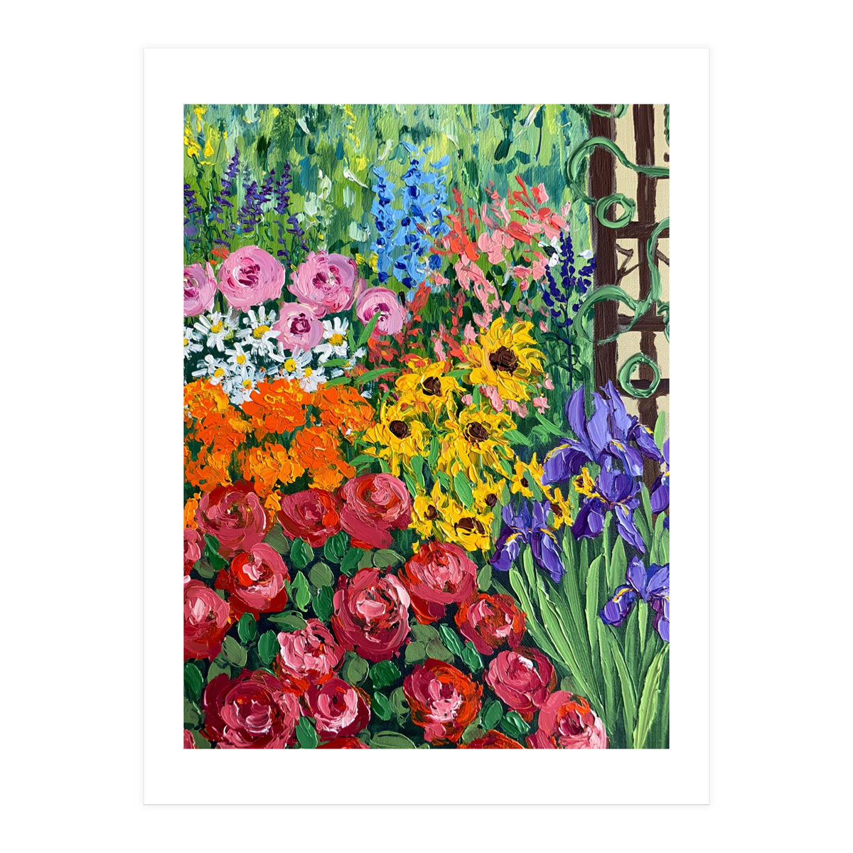 Vibrant Summer Cottage Garden Oil Painting (Print Only)