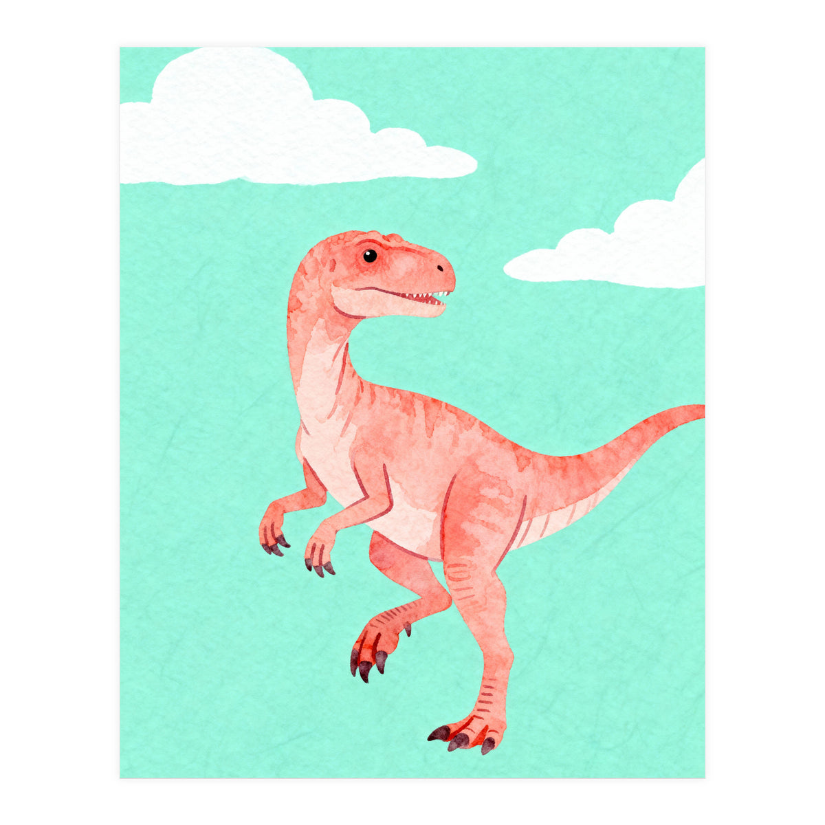 Velociraptor Watercolor Art, Cute Dino Nursery Print, Whimsical Dinosaur Illustration (Print Only)
