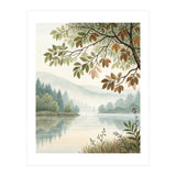 Tranquil Lakeside Forest Watercolor Painting with Overhanging Autumn Branches and Misty Mountain Reflection (Print Only) thumbnail