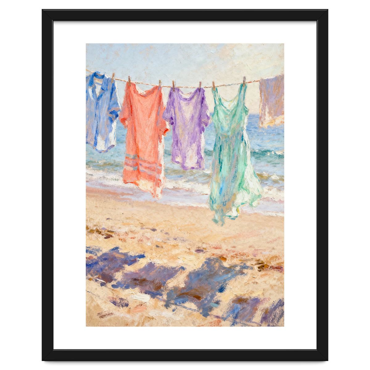 Laundry Drying by the Sea, Colorful Clothes on a Beach Clothesline, Coastal Summer Pastel Painting, Relaxing Ocean Shore Art Print