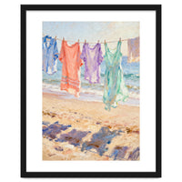 Laundry Drying by the Sea, Colorful Clothes on a Beach Clothesline, Coastal Summer Pastel Painting, Relaxing Ocean Shore Art Print