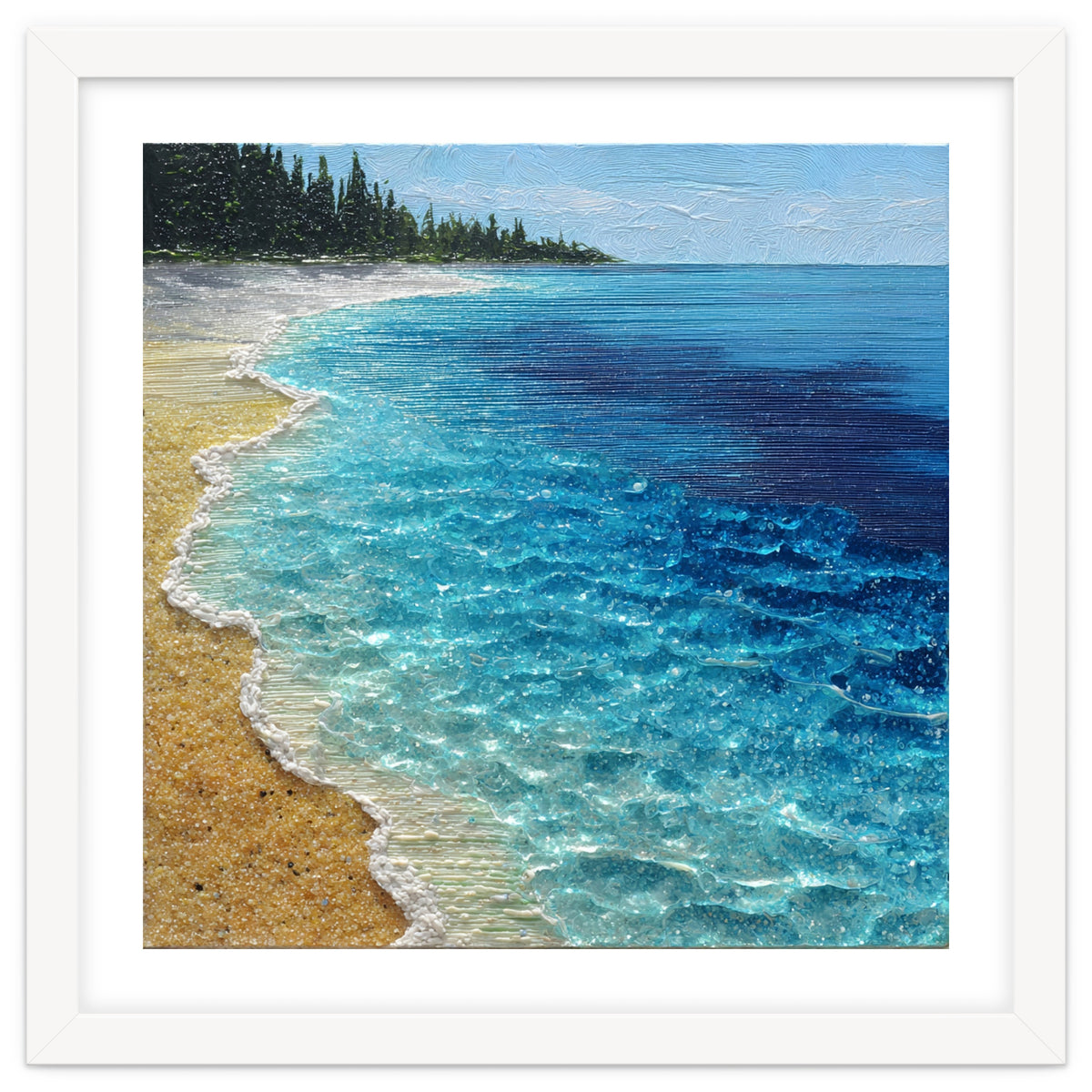 Sun-Drenched Coastal Shoreline with Textured Impasto Waves