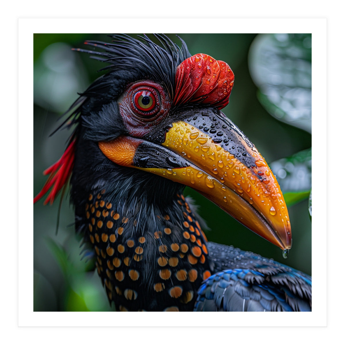 Close Up Of Helmeted Hornbill Bird In Rain (Print Only)