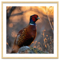 Pheasant Bird Standing On Rock Sunrise Light