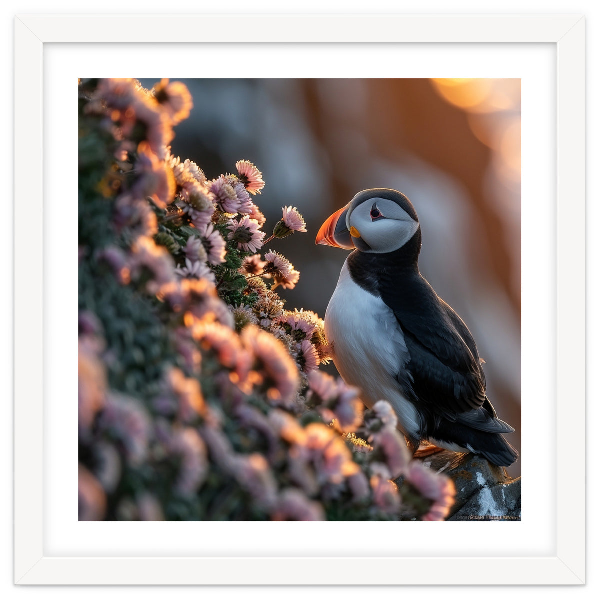 Puffin Bird On Rocks Near Pink Flowers At Sunset