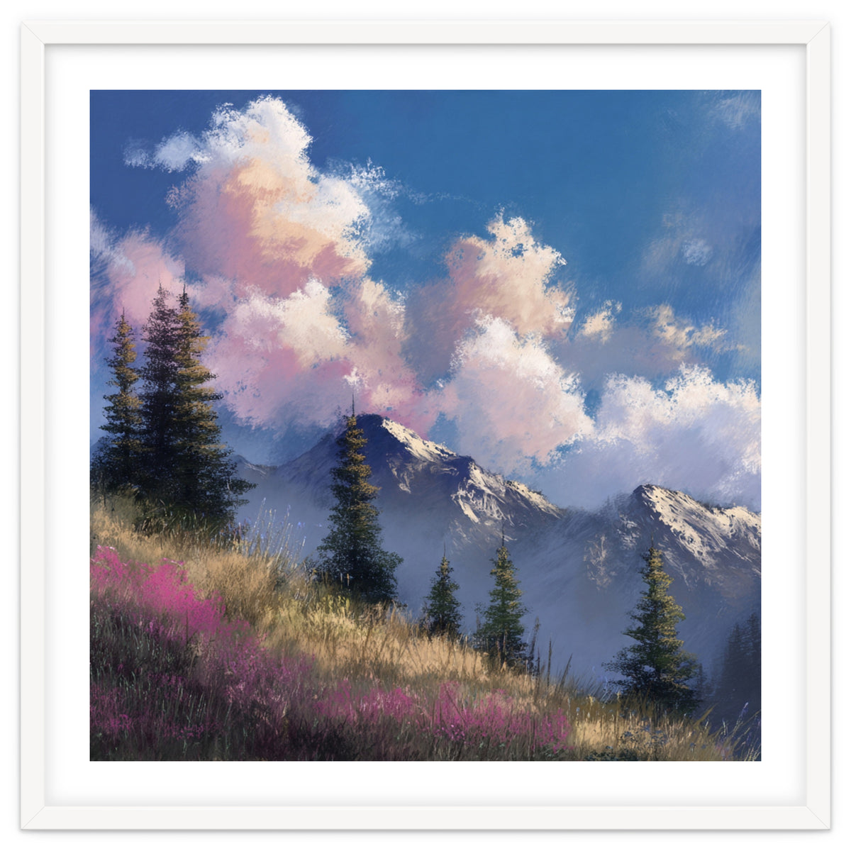 Alpine Summer Meadow with Vibrant Wildflowers and Snow