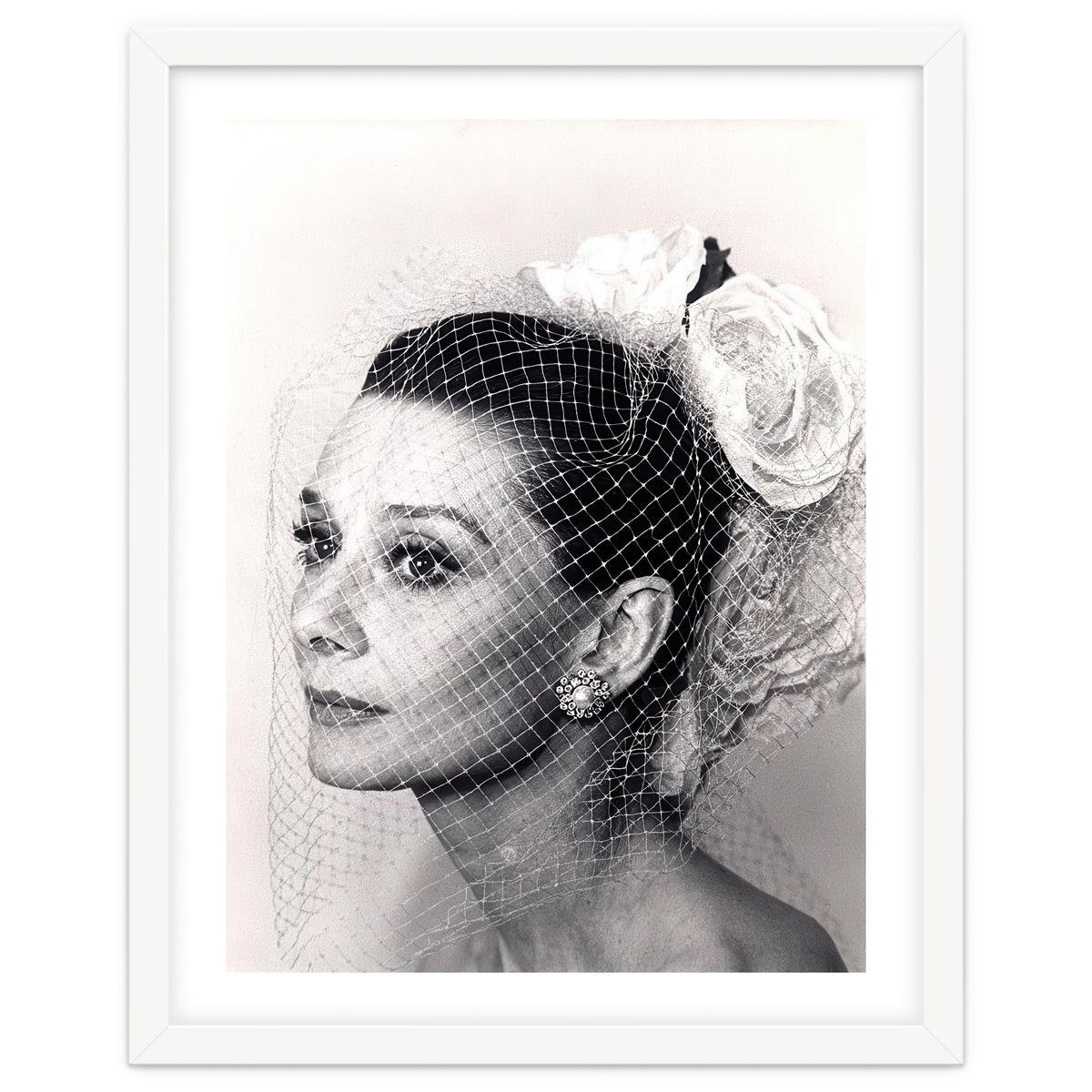 Audrey Hepburn with Veil, Classic Hollywood Glamour Photography, Black and White Icon Portrait