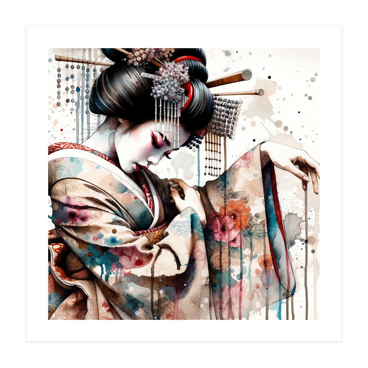 Watercolor Geisha Dancer #1 (Print Only)