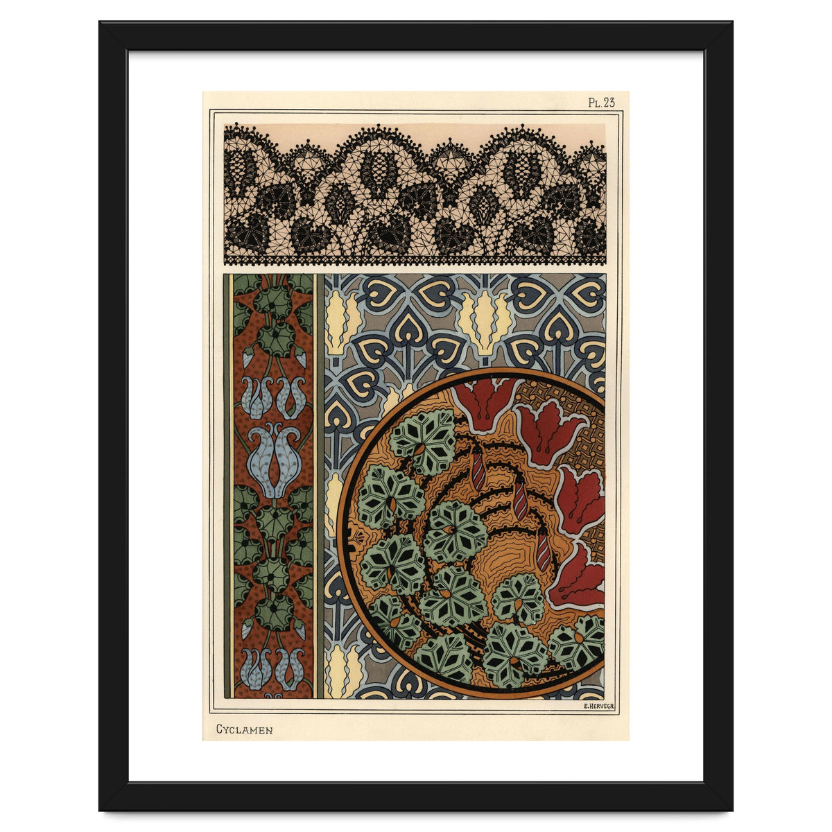 Cyclamen persicum motif in patterns for lace, wallpaper and fabric.