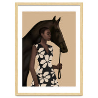 Woman In Bold Print With Black Horse