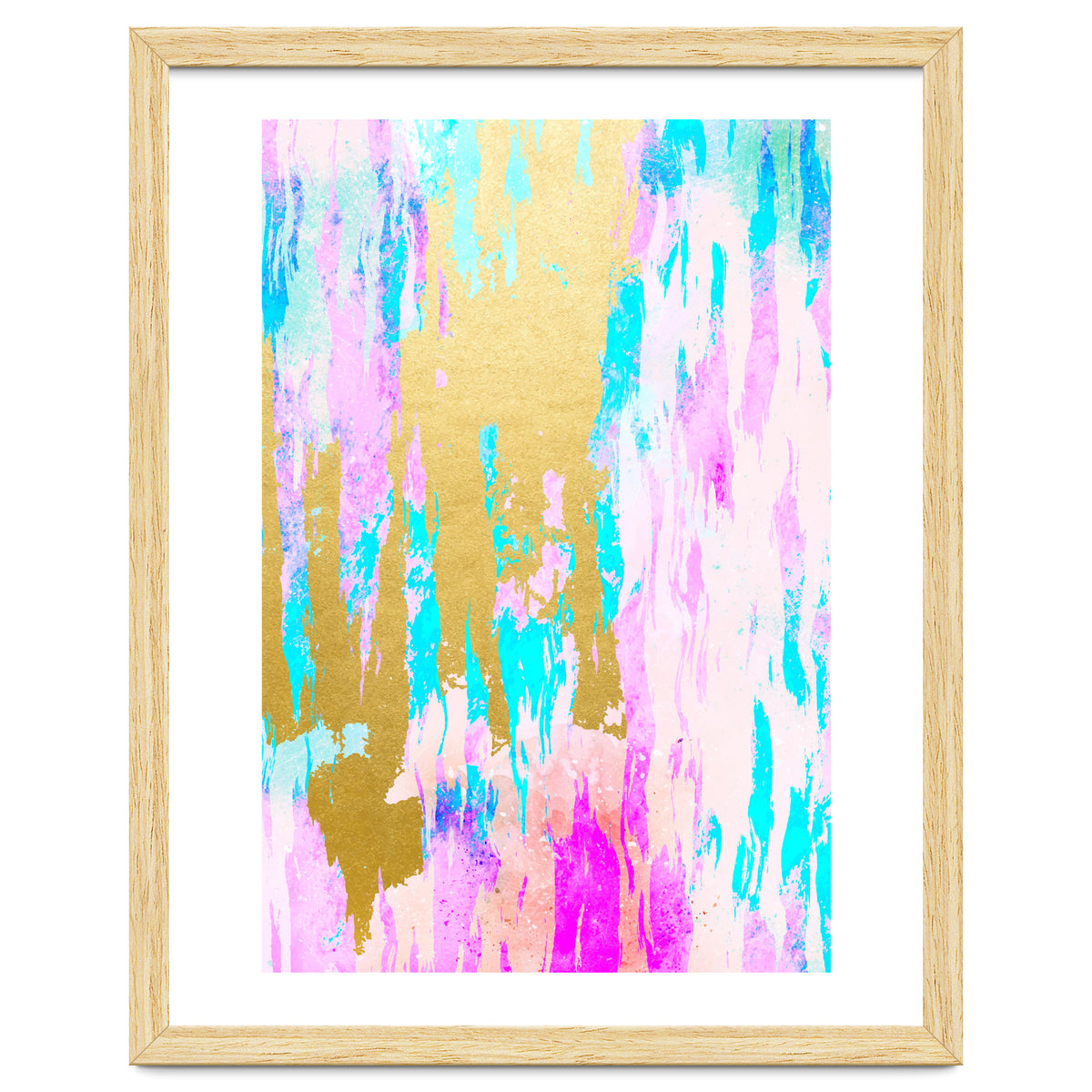 Meraki, Abstract Gold Painting, Colorful Graphic Design, Golden Pink Blue Eclectic Luxe Illustration