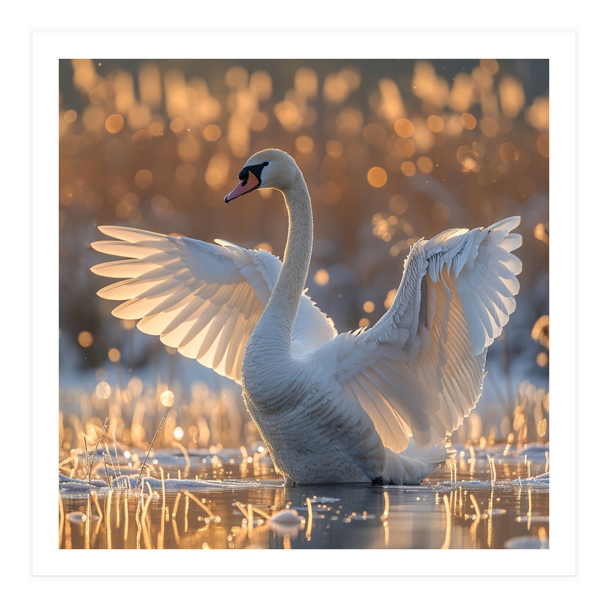 Swan Spreading Wings In Water Sunlight (Print Only)
