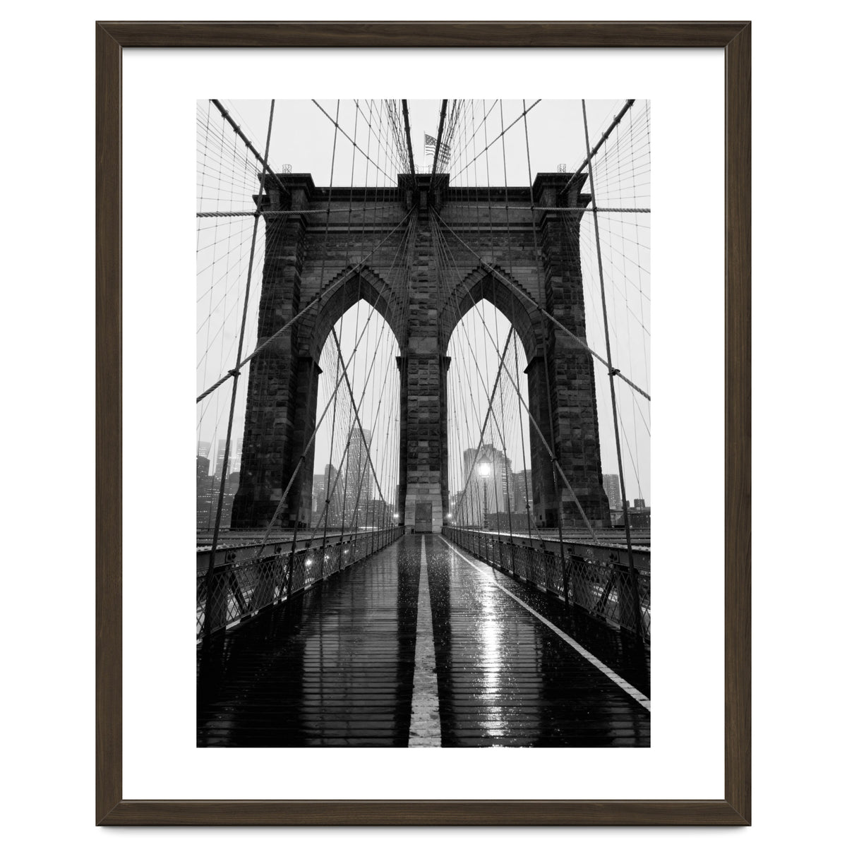 Brooklyn Bridge Black and White, Moody NYC Architecture, Rainy Urban Photography