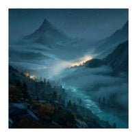 Moonlit Alpine Valley at Night with Shimmering River (Print Only)