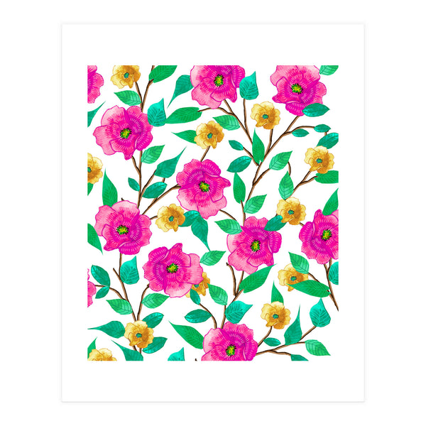 Floral Forever, Colorful Summer Garden Botanical Illustration, Pink Boho Vibrant Painting (Print Only)