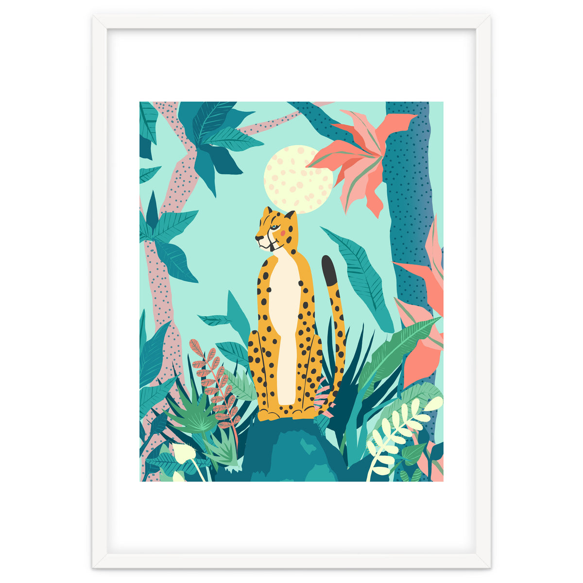 Leopard Forest, Pastel Tropical Jungle Nature Botanical, Moon Eclectic Colorful Wild Animals Boho