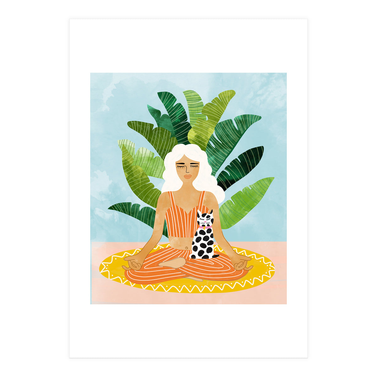 Meditation With Thy Cat Poster | Blonde Woman of Color | Tropical Banana Leaves Quirky Pet Workou (Print Only)