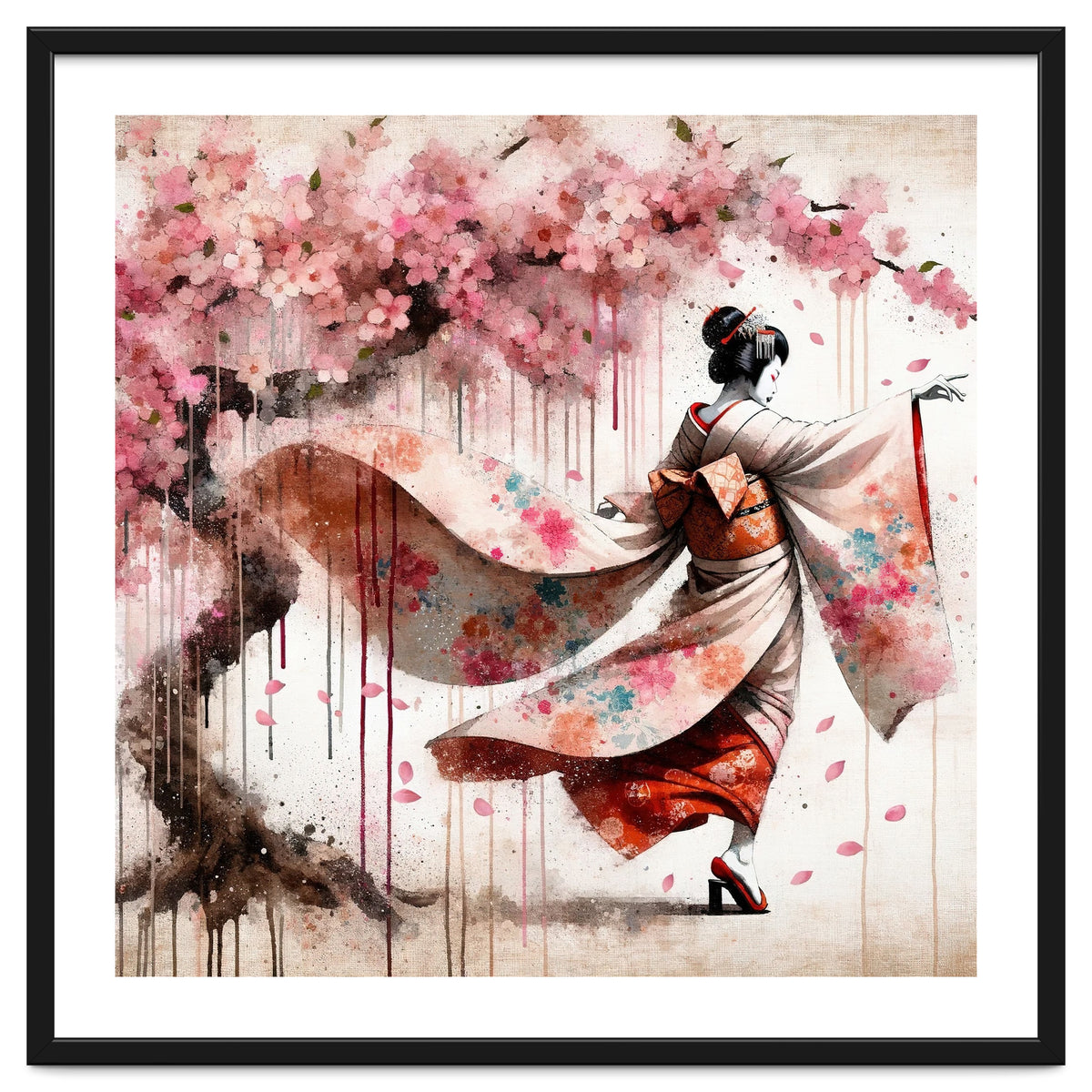 Geisha Under Cherry Blossoms In Motion