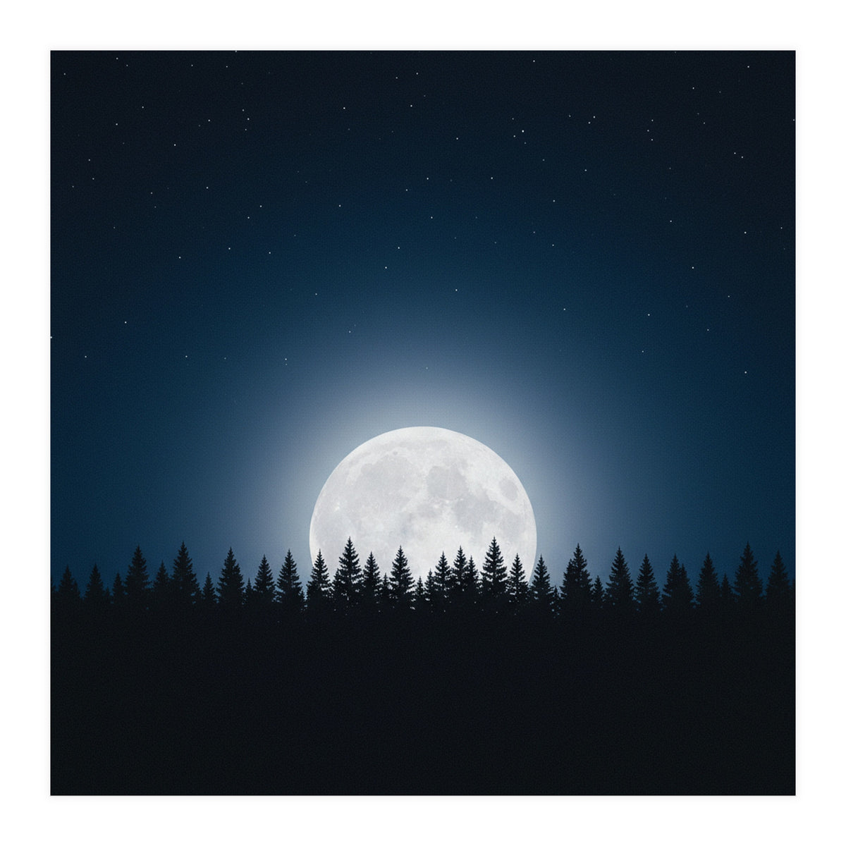 Midnight Serenity: Full Moon Over Forest Silhouettes (Print Only)