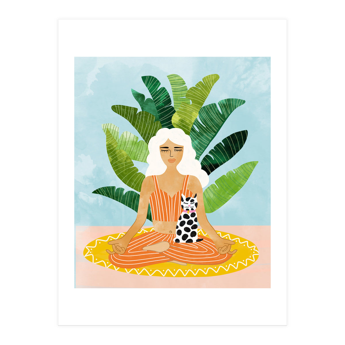 Meditation With Thy Cat Poster | Blonde Woman of Color | Tropical Banana Leaves Quirky Pet Workou (Print Only)