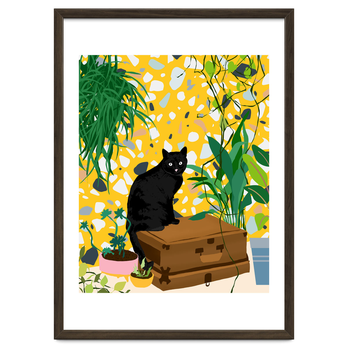 Urban Jungle Cat, Black Cats Pets Terrazzo Decor, Whimsical Bohemian Animals Illustration, Eclectic Quirky Travel