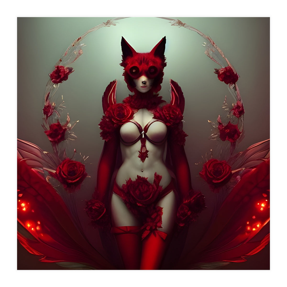 Red Floral Fox Vixen in Lingerie with Roses (Print Only)