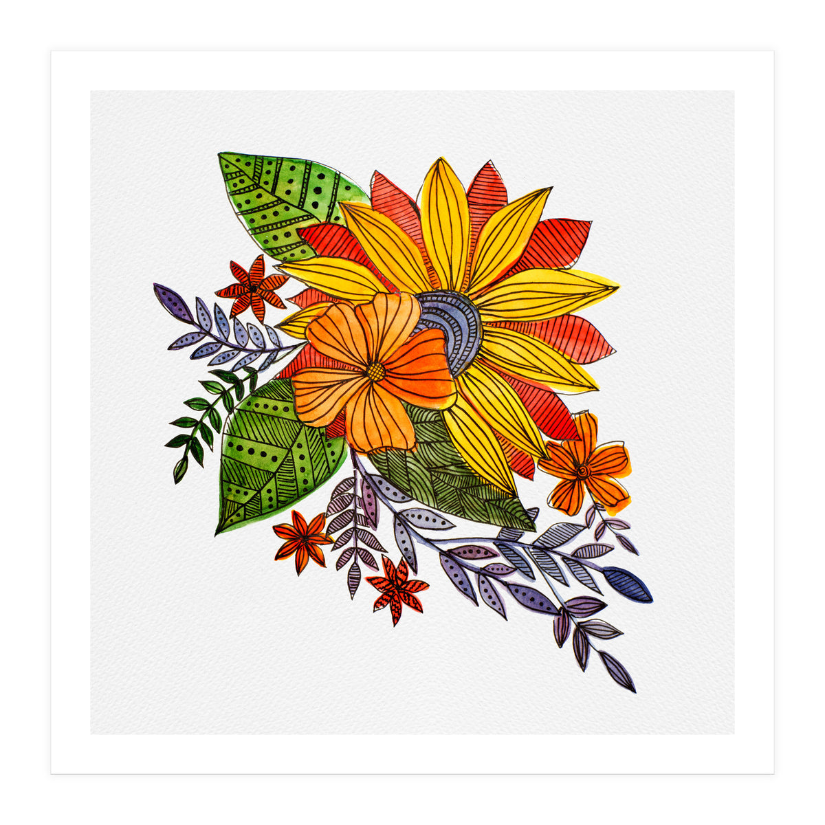 Watercolor and ink Sunflower (Print Only)