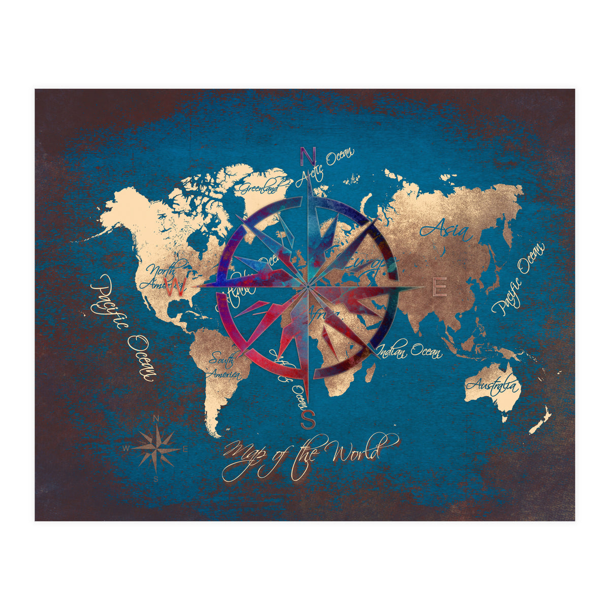 World Map Wind Rose blue (Print Only)