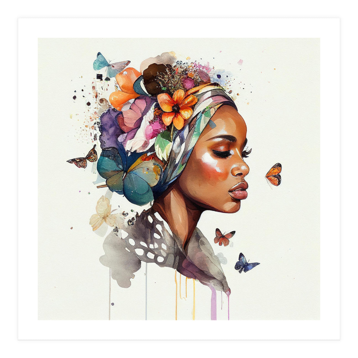 Watercolor Floral Muslim African Woman #3 (Print Only)