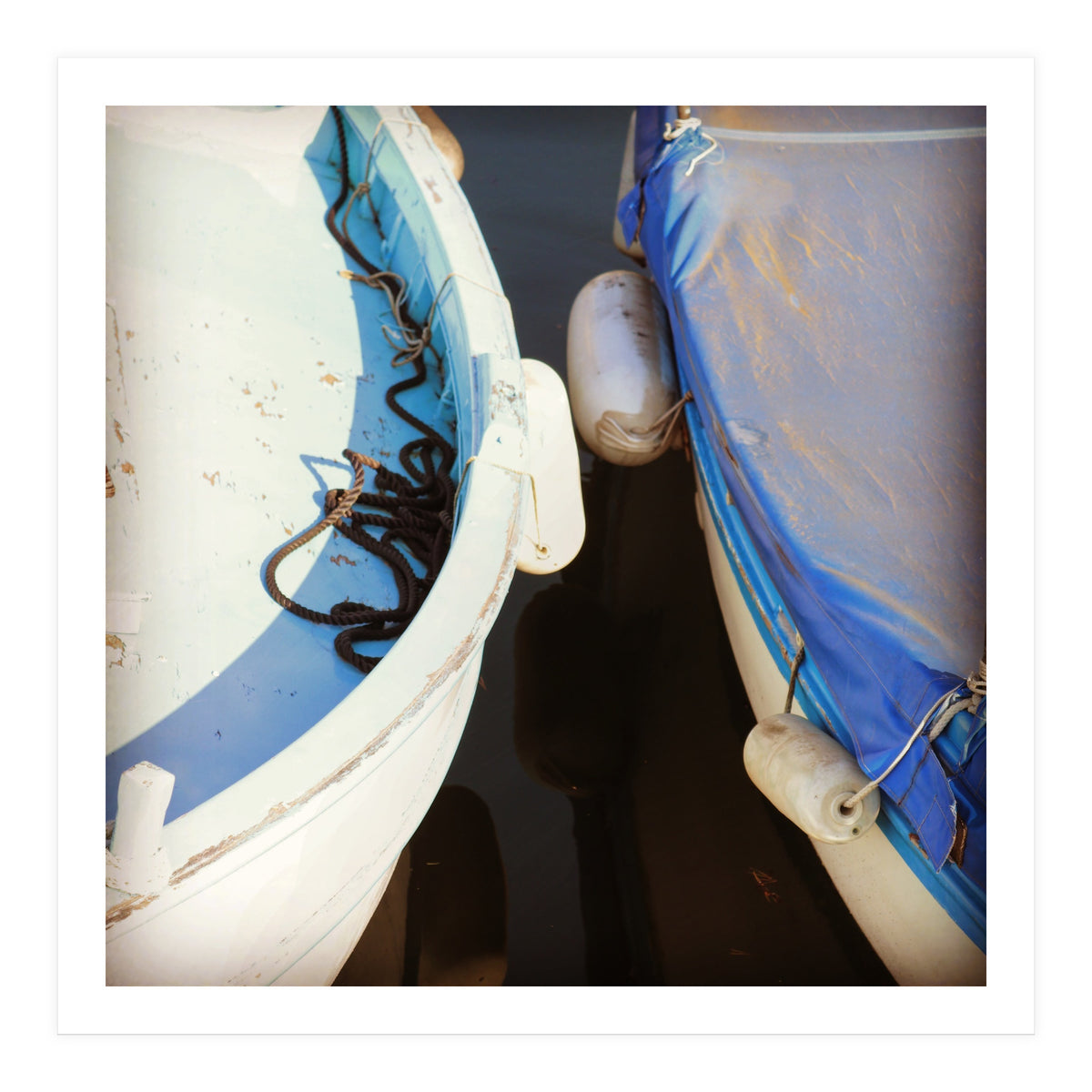 Blue and white wooden fishing boats (Print Only)