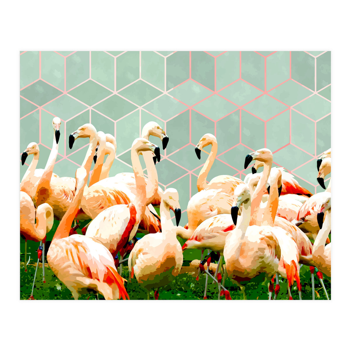 Flamingle Abstract Digital, Flamingo Wildlife Painting, Birds Geometric Collage  (Print Only)