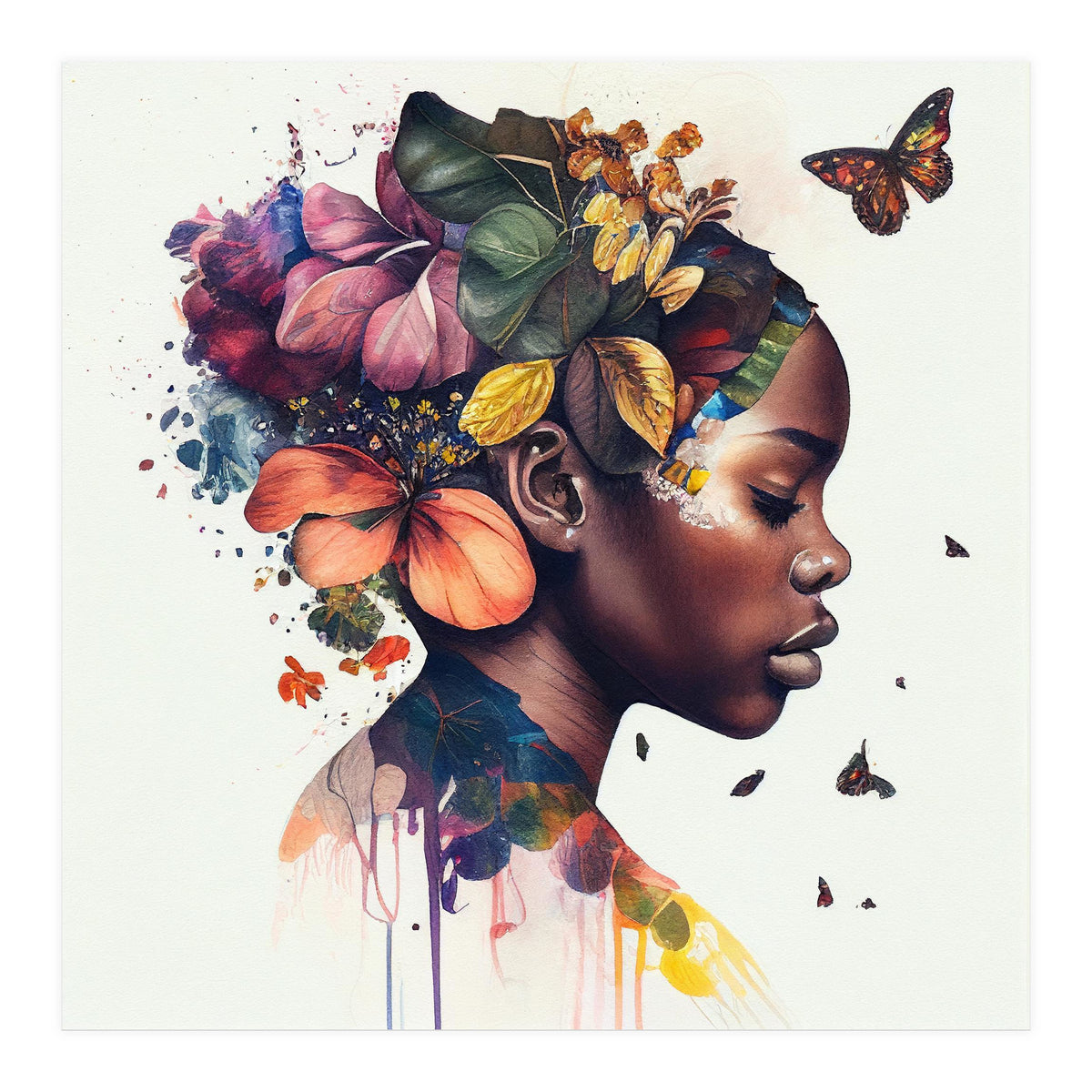 Watercolor Butterfly African Woman #10 (Print Only)