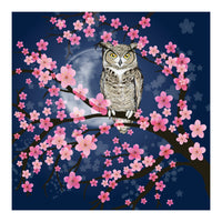 Great horned owl in a blossom tree (Print Only)