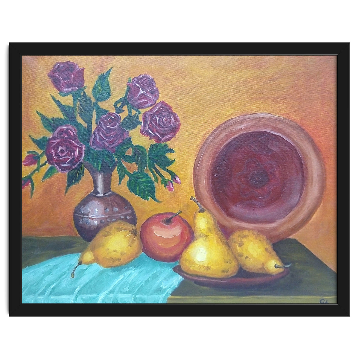 Still life with pears, roses and a dish.