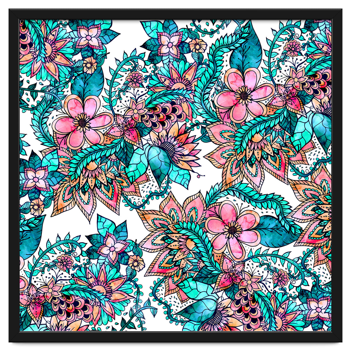 Boho turquoise pink floral watercolor illustration