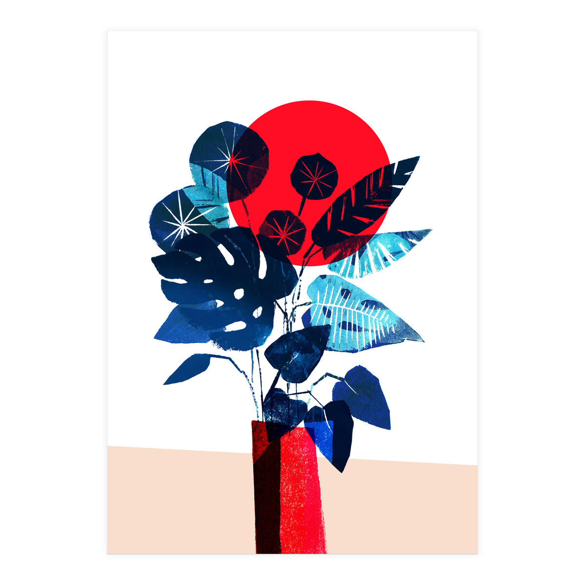 Blue Flowers in Red Vase (Print Only)
