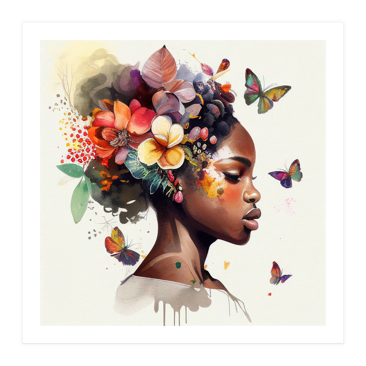 Watercolor Butterfly African Woman #6 (Print Only)