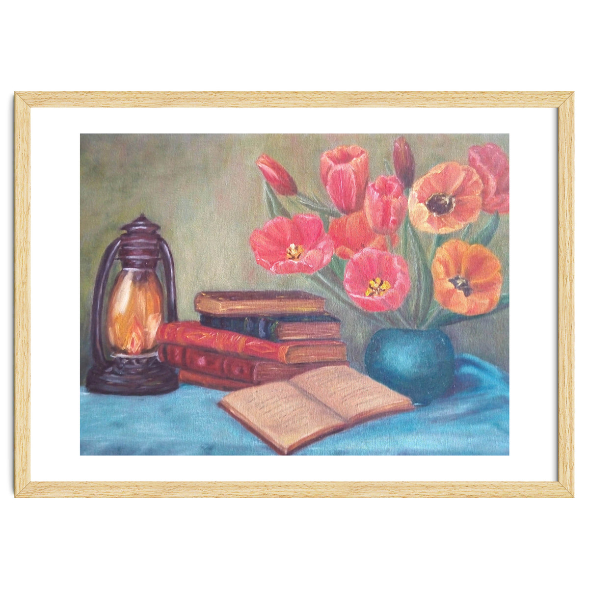 Still life with tulips, books and an old lamp.