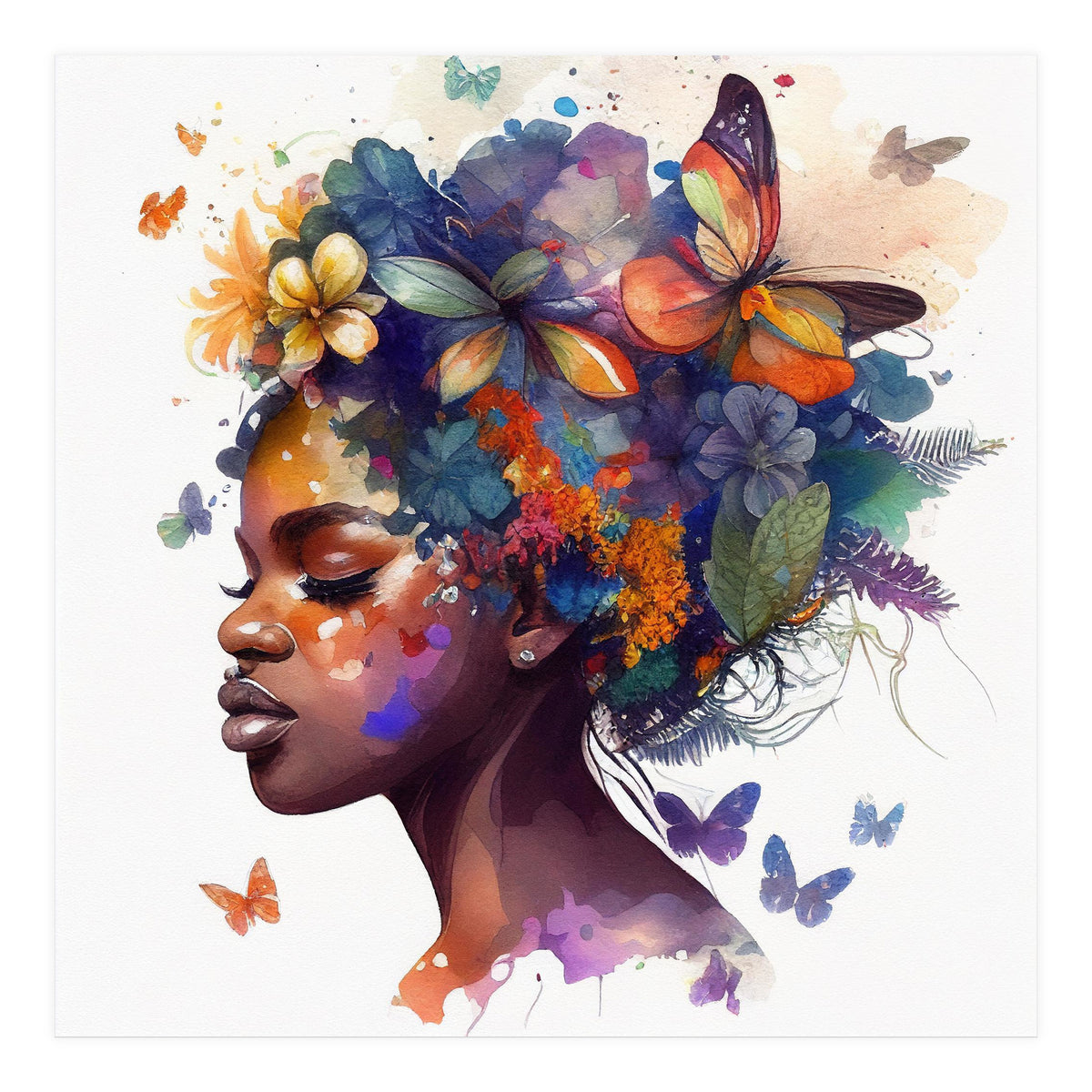 Watercolor Butterfly African Woman #7 (Print Only)