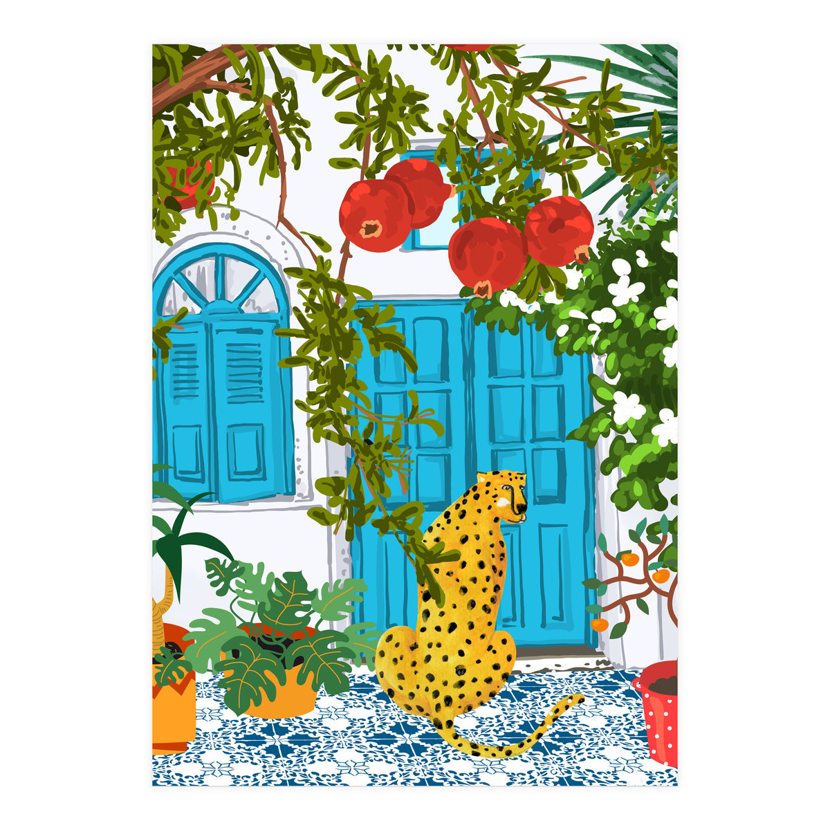 Cheetah Home, Morocco Architecture Illustration, Greece Cats Tropical Urban Jungle Pomegranate  (Print Only)