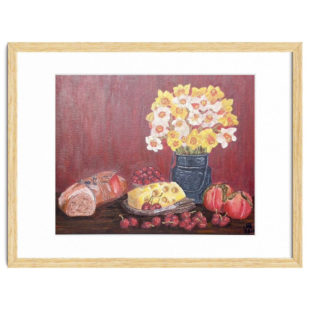 Still life with cheese, daffodils on a red background.