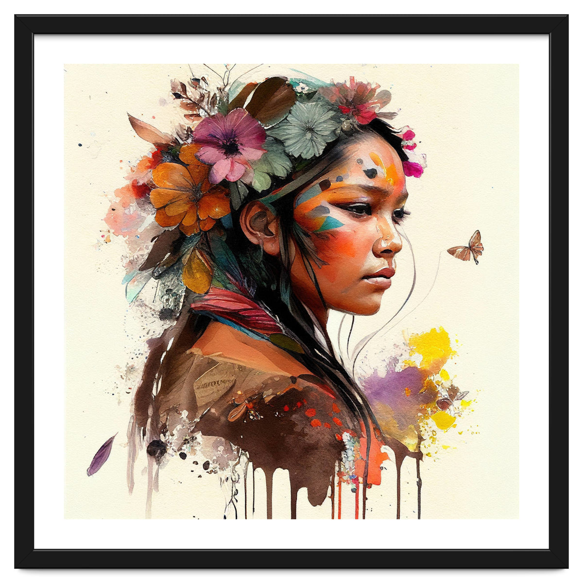 Watercolor Floral Indian Native Woman #4