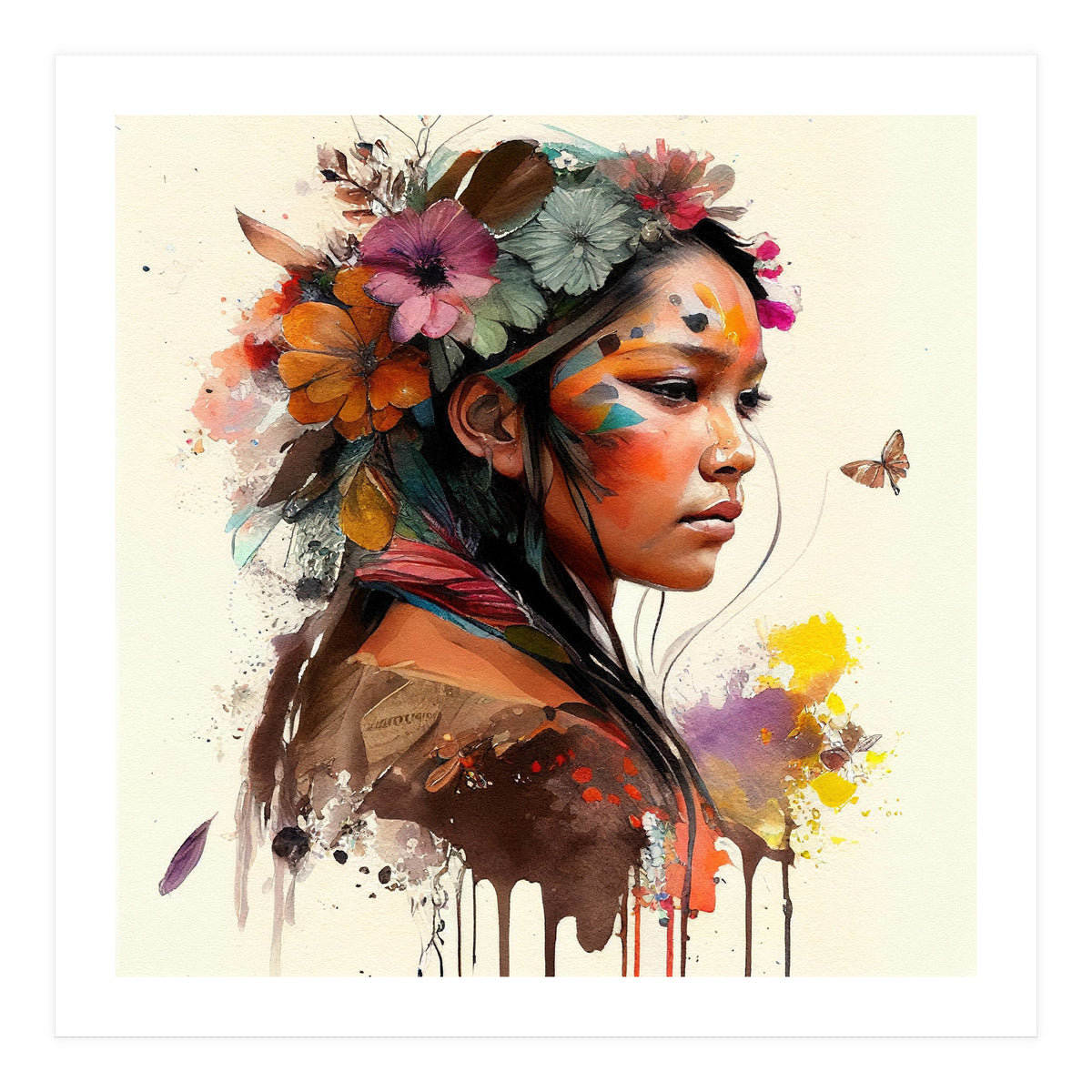 Watercolor Floral Indian Native Woman #4 (Print Only)
