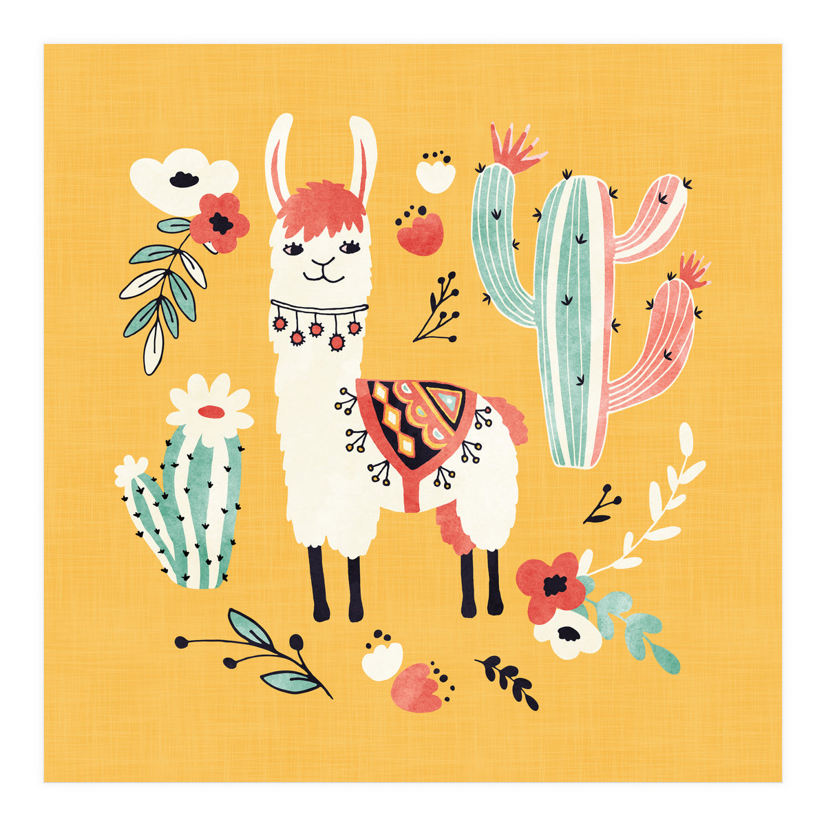 White Llama With Flowers (Print Only)