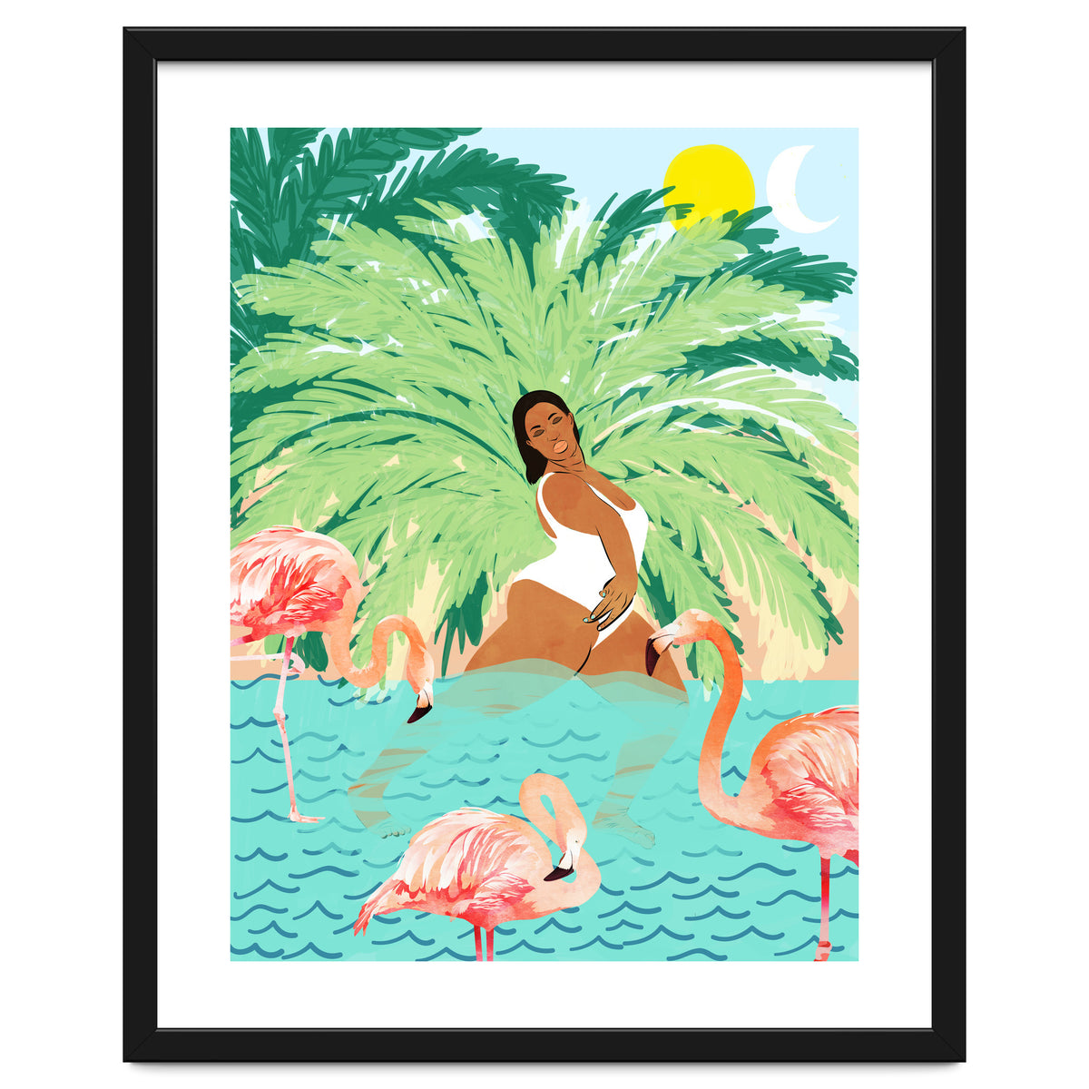 Tropical Summer Water Yoga with Palm & Flamingos | Woman of Color Black Woman Body Positivity