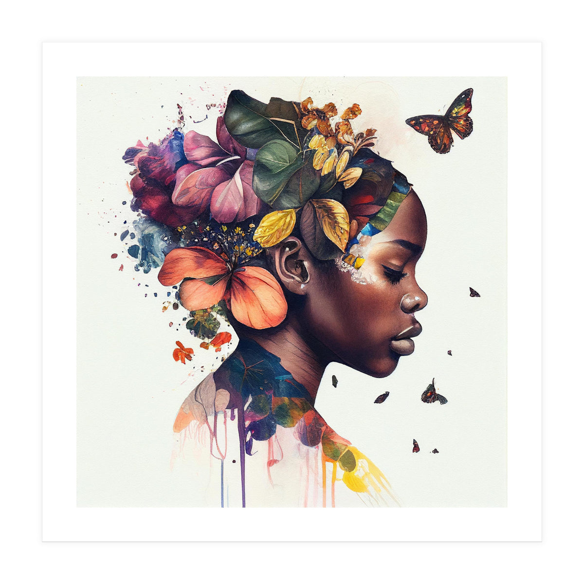 Watercolor Butterfly African Woman #10 (Print Only)