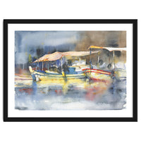 Yachts in the port. Watercolor art