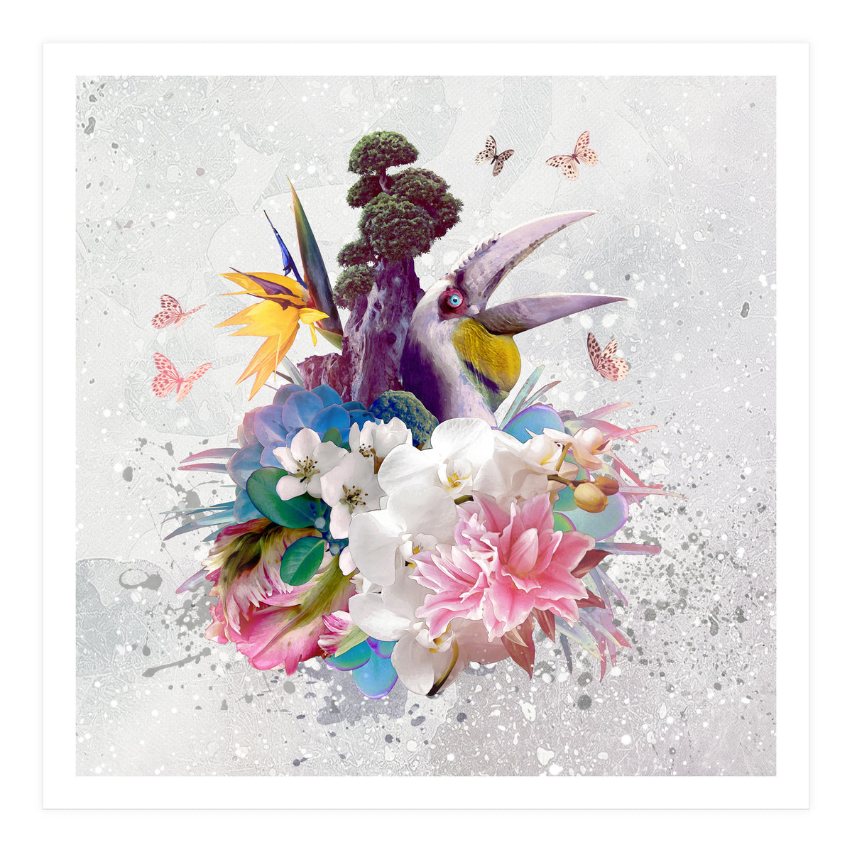 Floral Hornbill Grey  (Print Only)